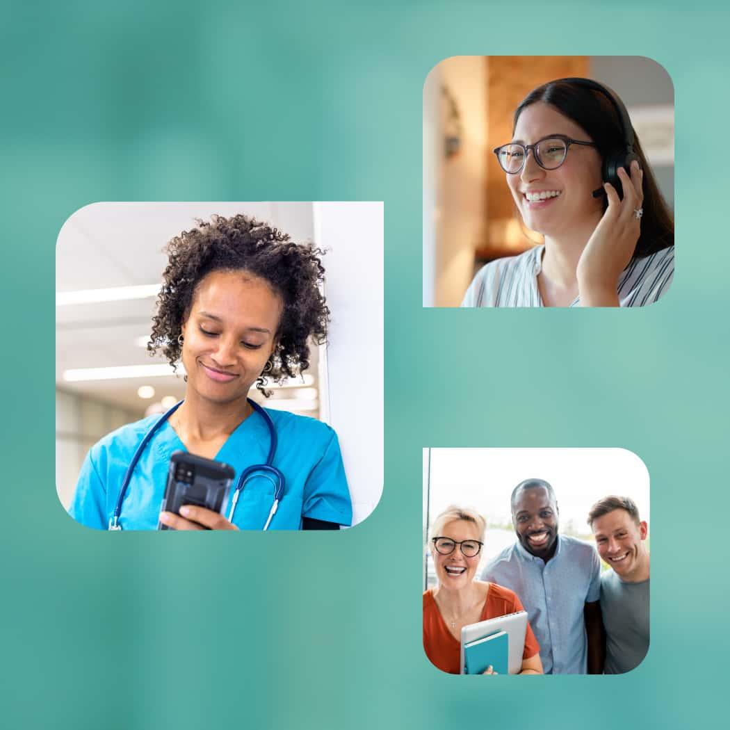 Collage of travel nurse, recruiter, and teamwork on teal background.