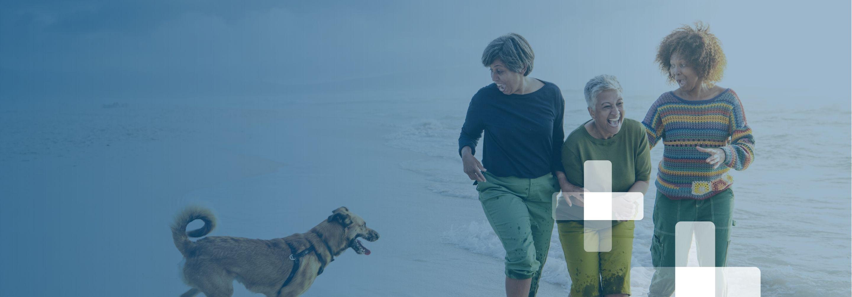 Three olden women walk together in casual clothes on the beach, smiling and laughing as a dog plays nearby