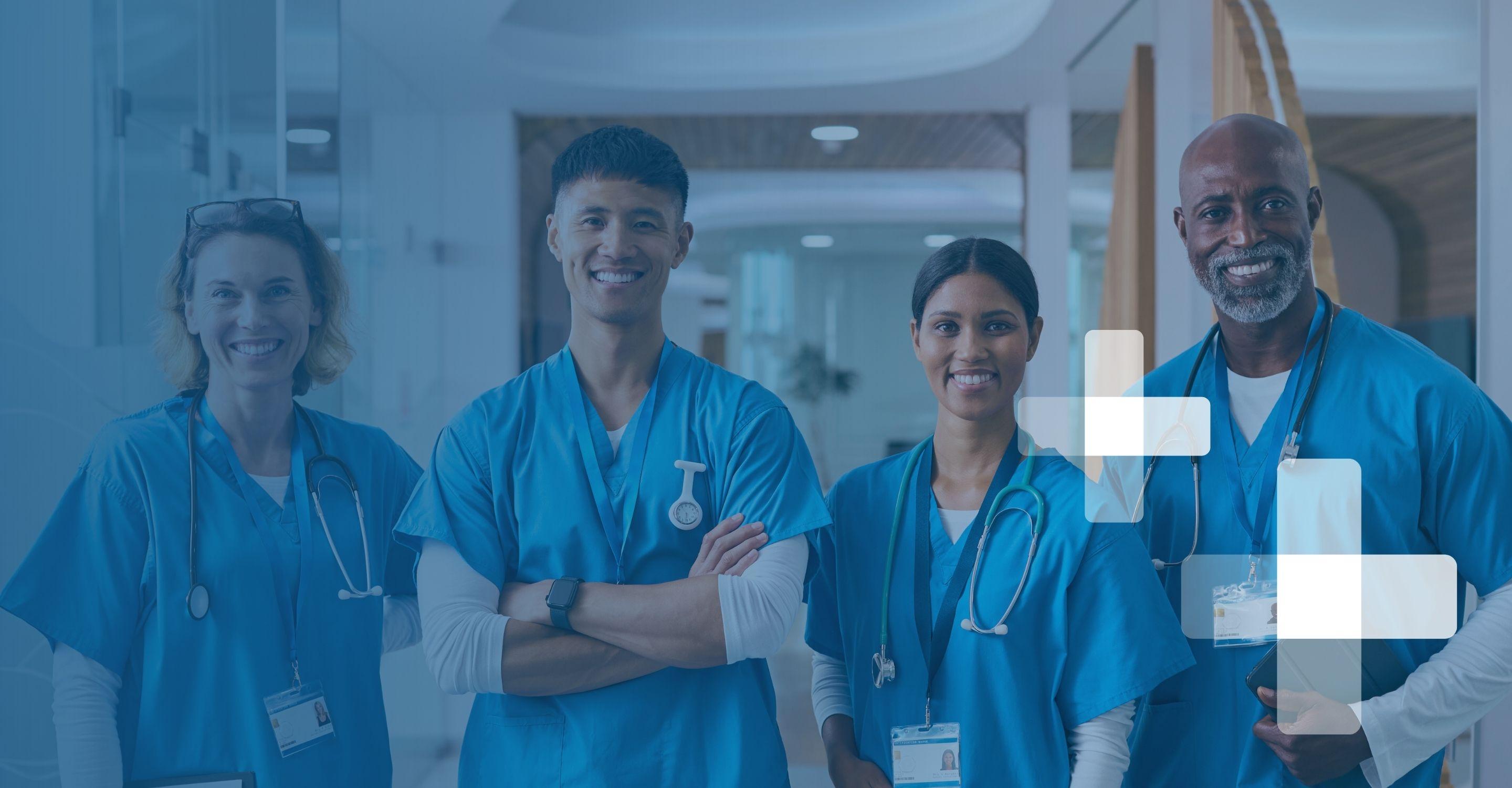 Image of several healthcare professionals posing in a hallway, all in scrubs with stethoscopes and of varying ages and races, overlayed with blue coloring and the HealthCare Support logo.