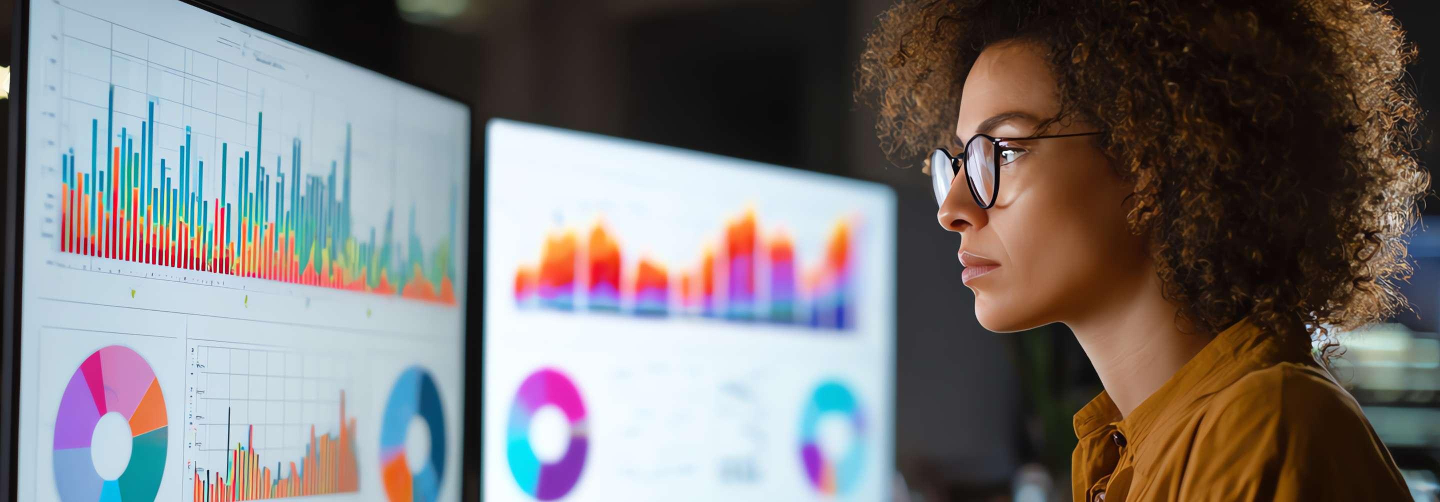 A data analyst looks intently into the monitors of her computer, examining data models