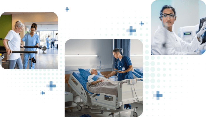 A collage of three images of healthcare professionals working in various types of settings: a physical therapist assisting a patient to walk, a nurse greeting an elderly patient at the hospital bedside, a female laboratory tech running samples in the lab